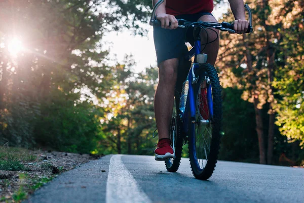 背の高いハンサムな自転車に乗る彼の自転車日没で美しい魔法 — ストック写真