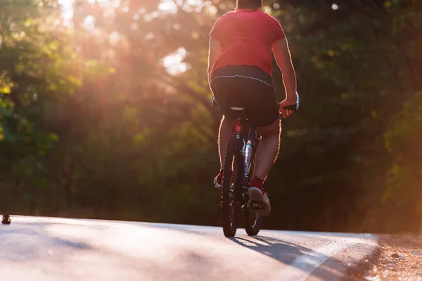 Hombre ciclista montar su bicicleta en la puesta del sol en un camino a través de profundo wo —  Fotos de Stock