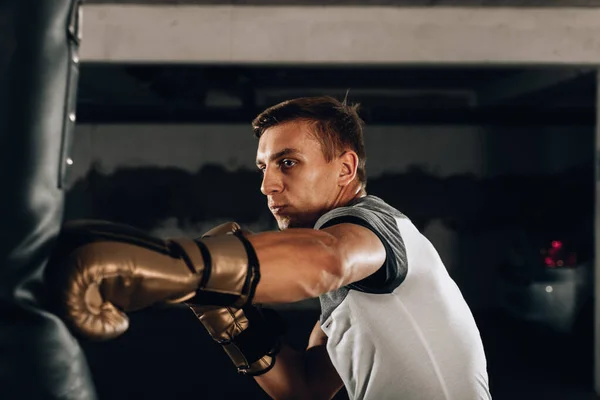 Attractive young man training next to a punching bag and wearing boxing gloves