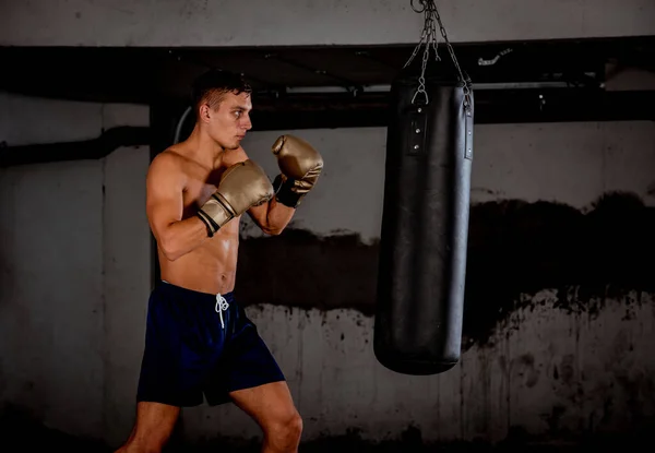 Joven Boxeador Entrenando Sacos Boxeo Gimnasio Entrenamiento Boxeador Caucásico Con — Foto de Stock