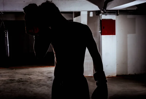 Silueta Joven Deportista Guantes Boxeo Boxeo —  Fotos de Stock