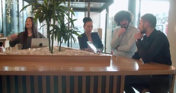 Junge Kollegen Diskutieren Der Mittagspause Einer Kaffeebar Über Ein Projekt — Stockvideo