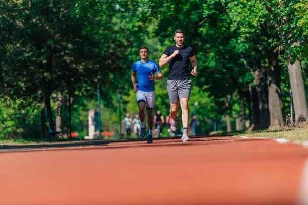 晴れた日に公園を走っている二人の健康な若者 — ストック写真