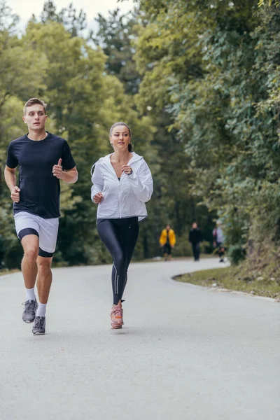 Athletic Couple Running Street Next Each Other Nature Fit Healthy — Stock Photo, Image