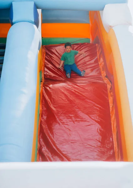 Happy Little Smiling Boy Climbing Slide Amusement Park — Stock Photo, Image