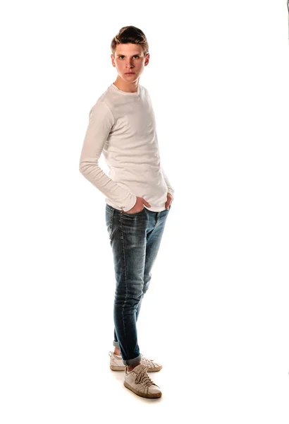 Cool Young Man Dressed White Long Sleeve Shirt Posing Studio — Stock Photo, Image