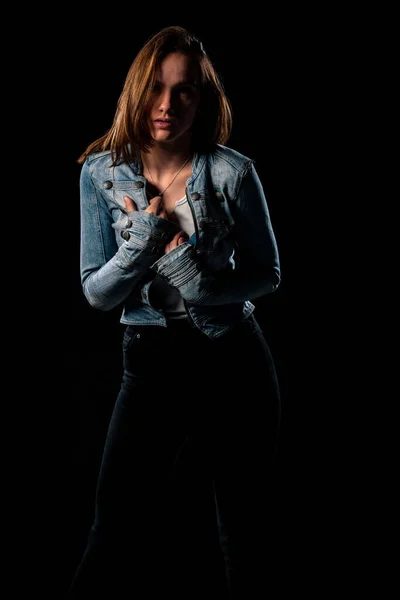 Body Shot Cool Young Woman Wearing Modern Style Denim Jacket — Stock Photo, Image