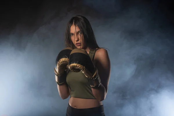 Closeup Portrait Female Boxer Posing Boxing Gloves Looking Camera Smokey — Stock Photo, Image