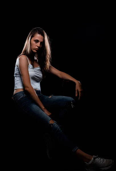 Studio Body Shot Trendy Young Woman Wearing Casual White Clothing — Stock Photo, Image