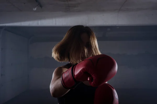 Silhouette Portrait Young Attractive Fitness Woman Exercising Punching Red Boxing — Stock Photo, Image