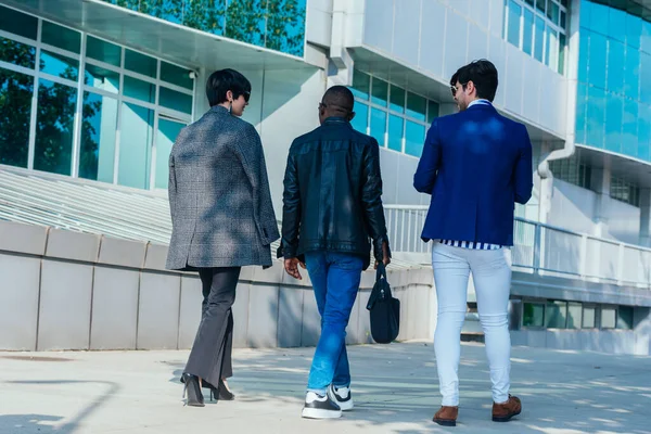 Full Length Rear View Formally Dressed Colleagues Talking While Walking — Stock Photo, Image