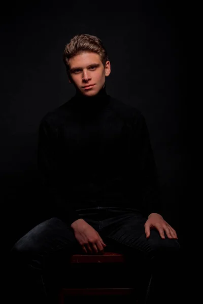 Portrait Young Attractive Man Dressed Stylish Clothing Sitting Wooden Chair — Stock Photo, Image