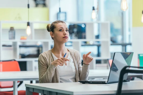 Blonde Businesswoman Employee Working Laptop Modern Office — Stock Photo, Image