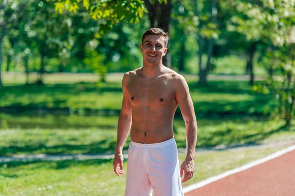 Portrait Smiling Young Athlete Shirt Standing Running Track Park — Stock Photo, Image