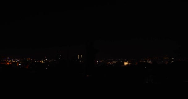 Silhouette Male Dancer Dancing Night Hill Front City Lights Low — Stock Video