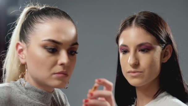 Maquiagem Artista Trabalhando Fazendo Vlog Colocar Maquiagem Para Uma Menina — Vídeo de Stock
