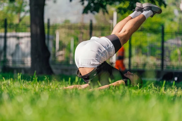 Young Sporty Handsome Man Practicing Yoga Park Doing Plow Pose — Stock Photo, Image