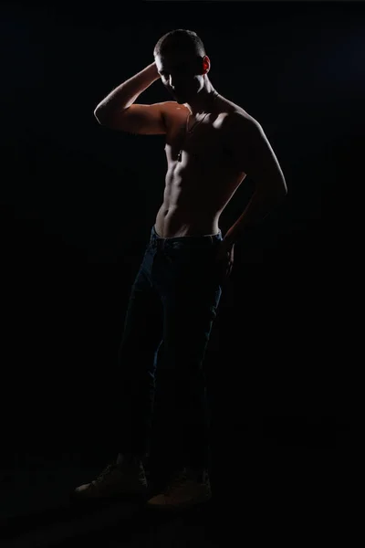 High Contrast Silhouette Portrait Sexy Young Male Model Shirtless Posing — Stock Photo, Image