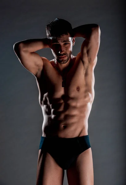 Stylish Young Man Wearing Black Underwear Posing Semi Nude — Stock Photo, Image