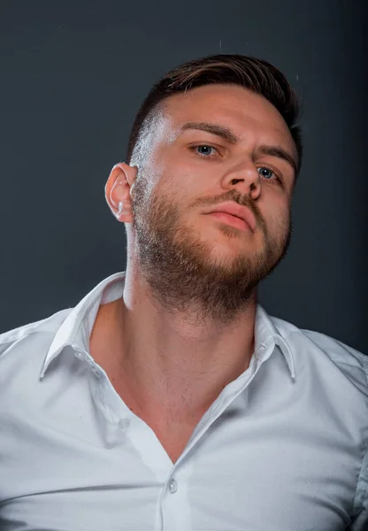 Studio Fashion Portrait Young Man Wearing White Shirt While Posing — Stock Photo, Image