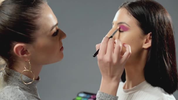 Maquillaje Artista Trabajando Haciendo Vlog Mientras Pone Maquillaje Una Chica — Vídeo de stock