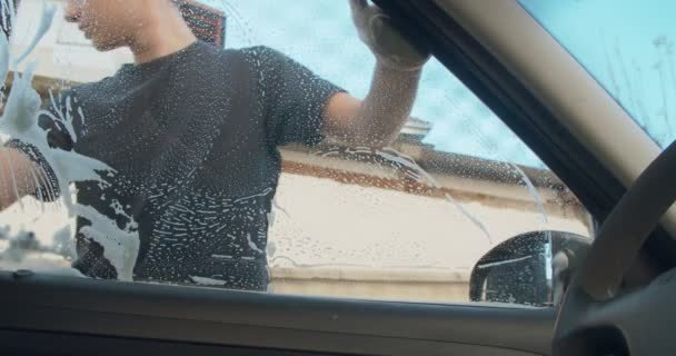 Teenage Boy Washing Car Sponge Foam — Stock Video