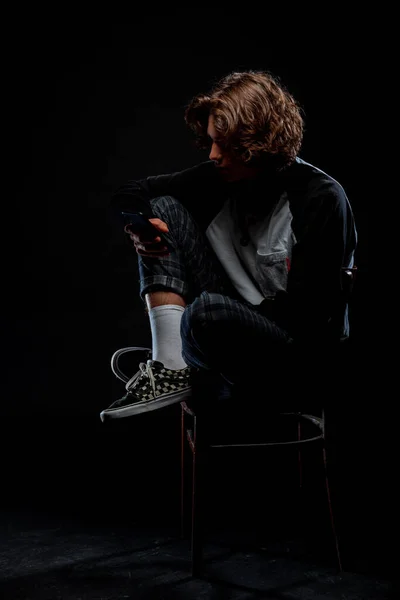 Portrait Young Attractive Man Dressed Stylish Clothing Sitting Wooden Chair — Stock Photo, Image