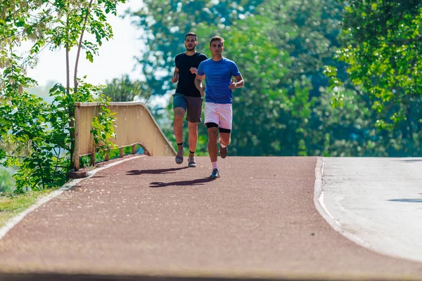 晴れた日に公園を走っている二人の健康な若者 — ストック写真