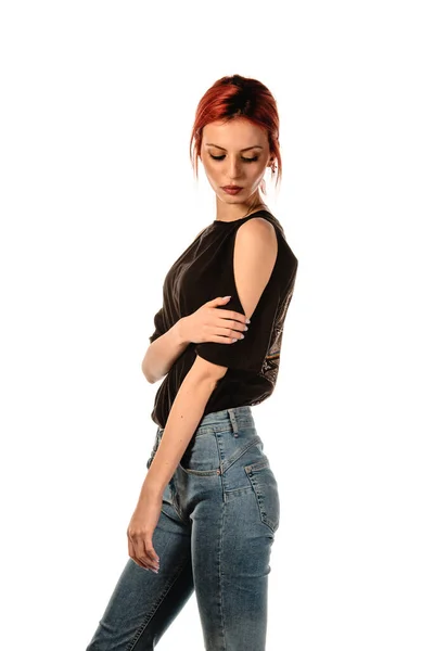 Portrait Attractive Trendy Girl Blue Denim Jeans Black Top Posing — Stock Photo, Image