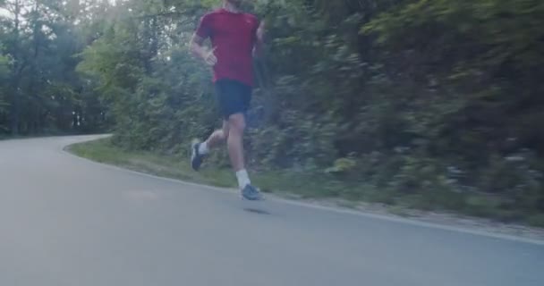 Treinamento Resistência Maratona Homem Correndo Sozinho Estrada Montanha Camionagem Lateral — Vídeo de Stock