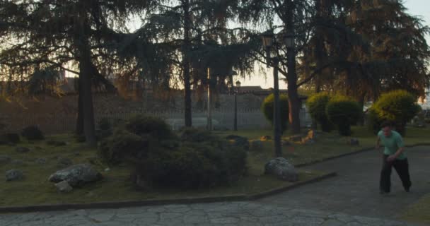 Паркур Каскадер Практикує Парку Стрибаючи Через Перешкоди Повільному Русі — стокове відео