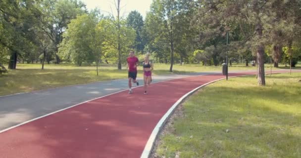 Młoda Para Biegająca Parku Słoneczny Dzień — Wideo stockowe