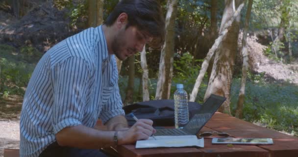 Freelancer Trabajando Remotamente Desde Parque Temprano Mañana Tiro Medio — Vídeos de Stock