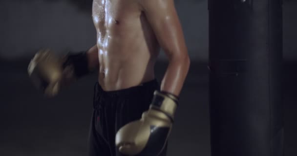 Чоловічий Боксер Вдарив Величезну Сумку Боксерській Студії Чоловік Боксер Тренування — стокове відео