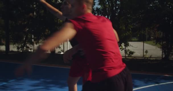 Friends Playing Basketball Court Slow Motion Camera Player — Stock Video