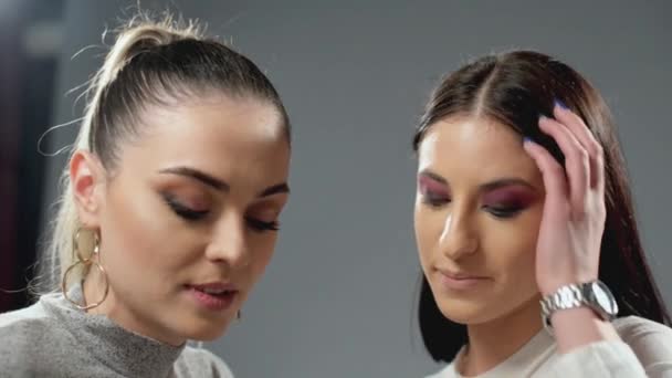 Maquillaje Artista Trabajando Haciendo Vlog Mientras Pone Maquillaje Una Chica — Vídeos de Stock