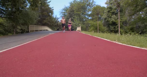 Junges Laufpaar Joggt Auf Asphaltierter Straße Park — Stockvideo