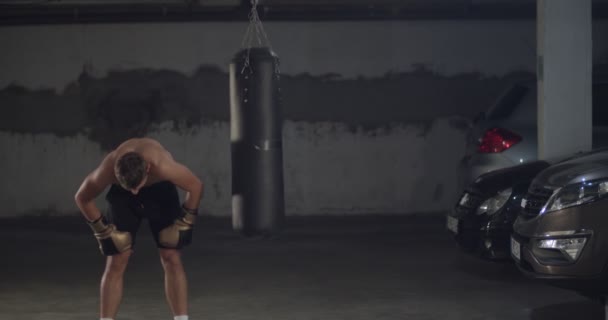 Boxeur Masculin Frappant Énorme Sac Boxe Dans Studio Boxe Homme — Video