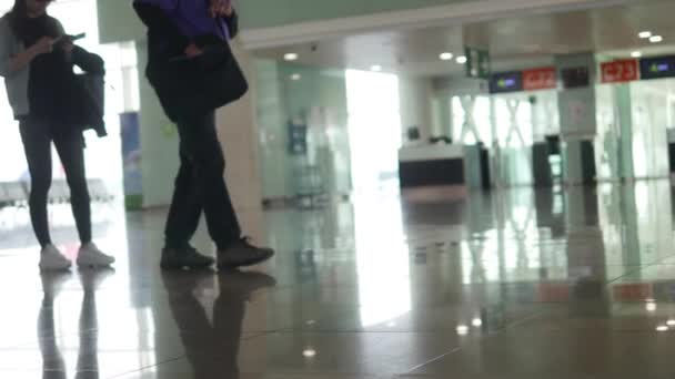 Az emberek a reptéri terminálnál sorban állás. Utasok megy a gép. — Stock videók