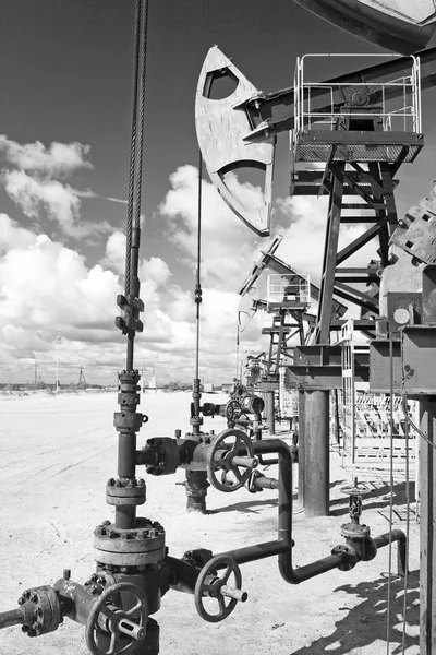 Oil industry. Gas industry. Work of oil pump jack on a oil field. Black and white photo