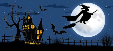  .       Cadılar Bayramı arka plan. Dolunay arka plan üzerinde bir süpürge üzerinde kale ve Mezarlığı üzerinde uçan cadı. Vektör çizim.    .  .