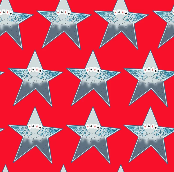 Gray-blue star painted with four aces and a pattern on a red background, seamless pattern.