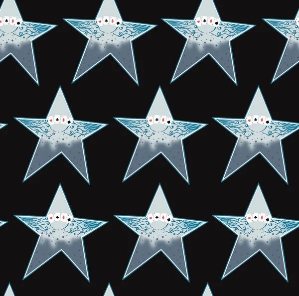 Gray-blue star painted with four aces and a pattern on a black background, seamless pattern.