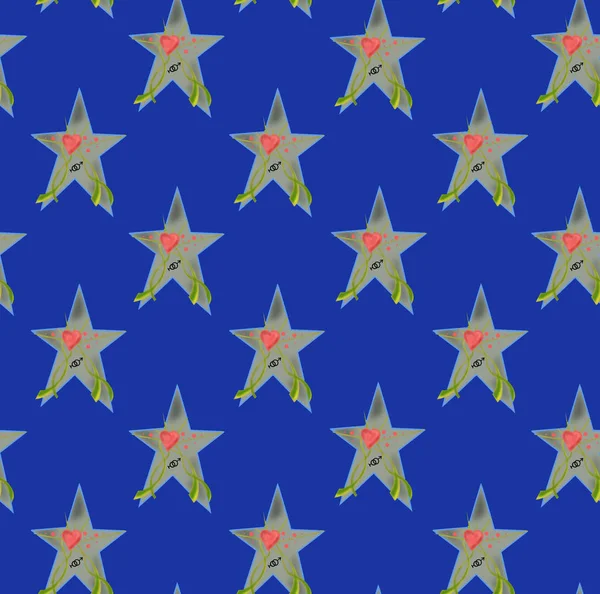 A green star on a blue background with the drawn heart with the sign of sex,seamless background.