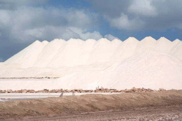 Salt production. Salt mountains against the blue sky.