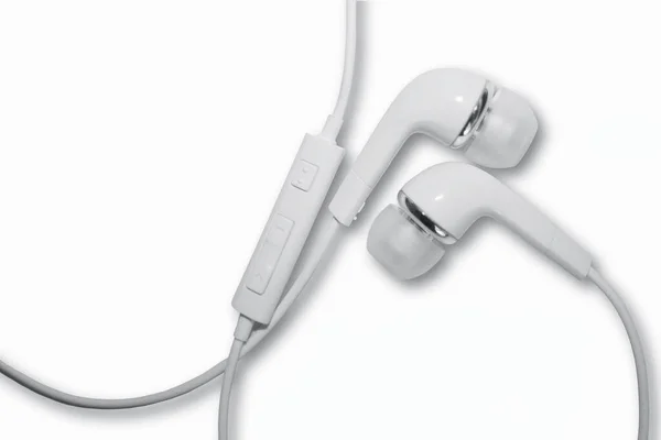 Fülhallgató Pár Fehér Alapon Izolált Telefonvezetékekkel — Stock Fotó