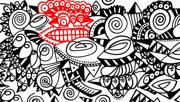 Black and white pattern on a white background with highlighted red cartoon faces, abstract design