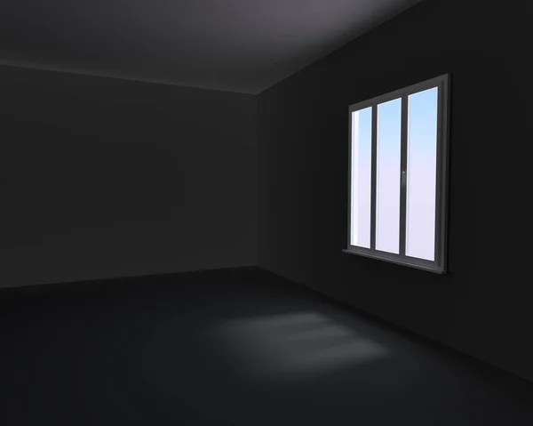 Dark room with light coming through the window. 3d illustration
