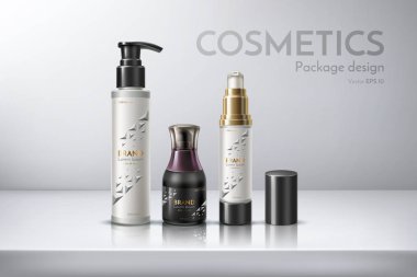 Şampuan, saç kremi, yüz kremi, duş jeli, sprey, deodorant, köpük tıraş losyonu, kozmetik ambalaj. Bir etiket ile tasarım şişe. Gerçekçi vektör çizim