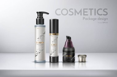 Şampuan, saç kremi, yüz kremi, duş jeli, sprey, deodorant, köpük tıraş losyonu, kozmetik ambalaj. Bir etiket ile tasarım şişe. Gerçekçi vektör çizim